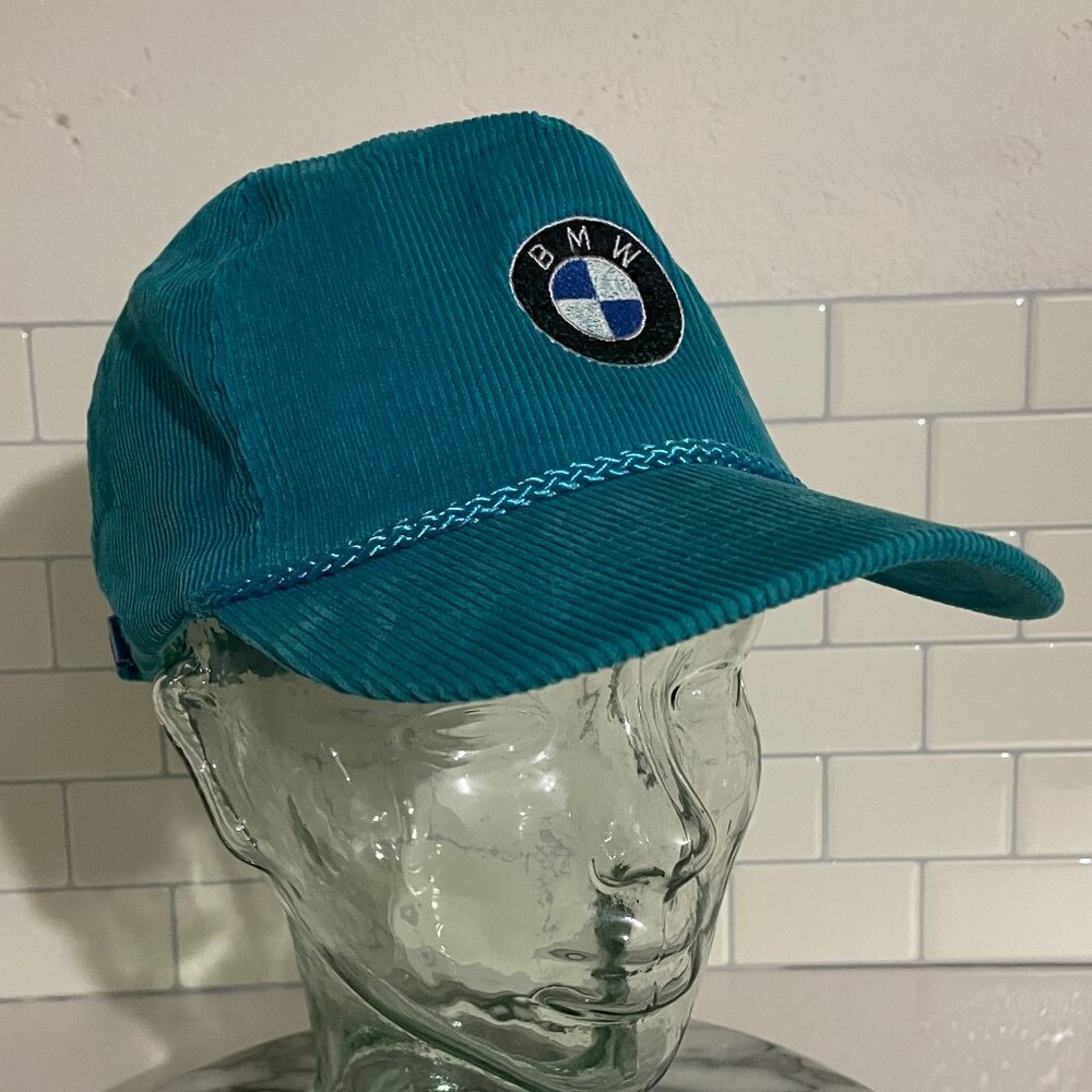 Vintage BMW teal corduroy hat with adjustable slide strap back!